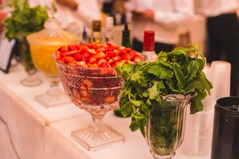 Table prepared with fruit for special drinks in event. Stock Photos