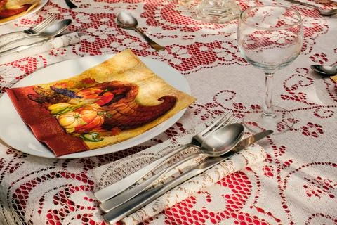 Table prepared for thanksgiving dinner 스톡 사진