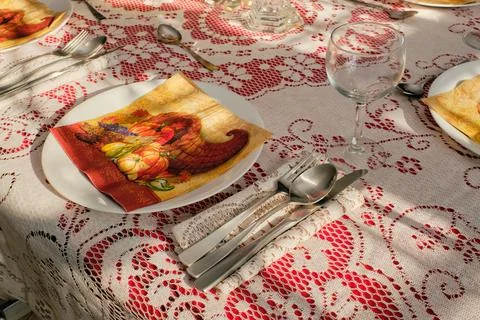 Table prepared for thanksgiving dinner Stock Photos