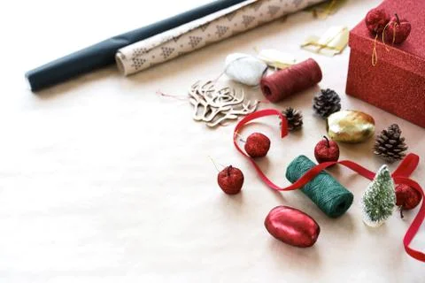 On the table props for decorating house and tree on kraft paper Stock-Fotos