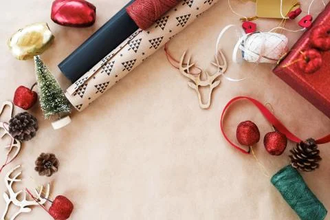 On the table props for decorating house and tree on kraft paper Stock Photos