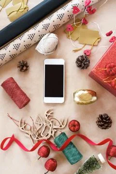 On the table props for decorating house and tree on kraft paper 스톡 사진