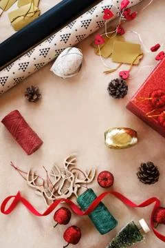 On the table props for decorating house and tree on craft paper Stock Photos