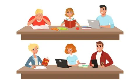 Table, Reading Books, Working at Laptop Computer Cartoon Vector Illustration 스톡 일러스트