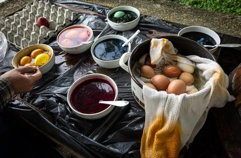 Table ready for Orthodox Easter egg painting. Bulgaria Stock Photos