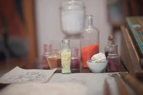 The table of the reconstructor of ancient icons with organic paints Stock Photos