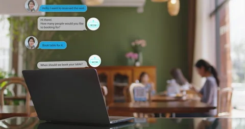 Table reserve for B2C CRM IOT seat booking chat bot cyborg at cafe. 스톡 동영상 171736253