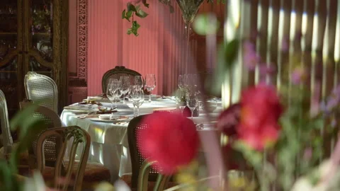 A table in the restaurant for six people before the start of the banquet. Stock Footage 155133691