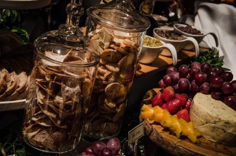 Table of salty snacks Stock Photos