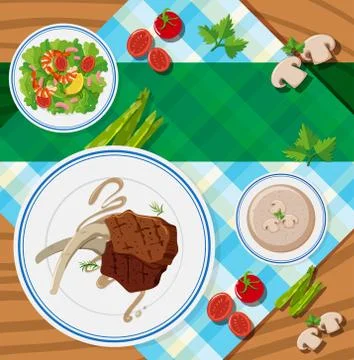 Table scene with steaks and salad Stock Illustration