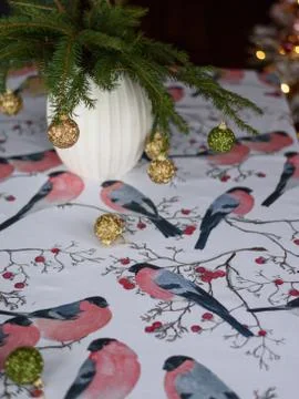 A table, sent with a tablecloth with birds Stock Photos