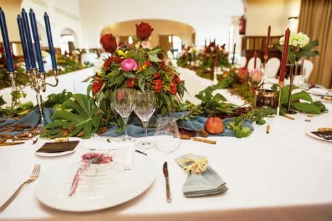 Table served for a banquet Stock Photos