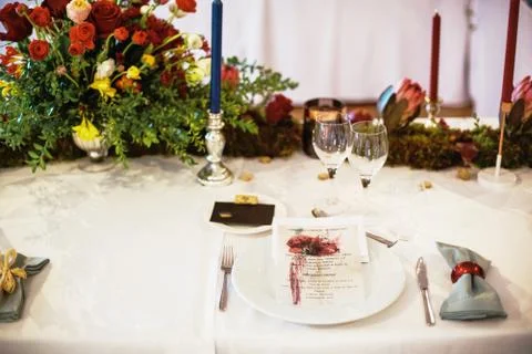 Table served for a banquet Stock Photos