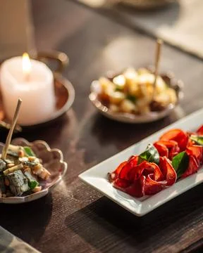 Table served with the different gourmet appetizers Stock Photos