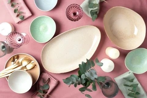 Table served for festive spring dinner. Top view. Copy space. Empty serving Stock Photos