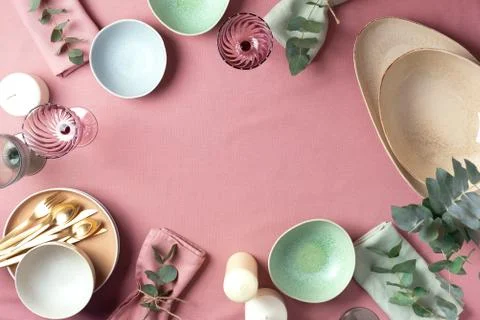 Table served for festive spring dinner. Top view. Copy space. Empty serving Stock Photos