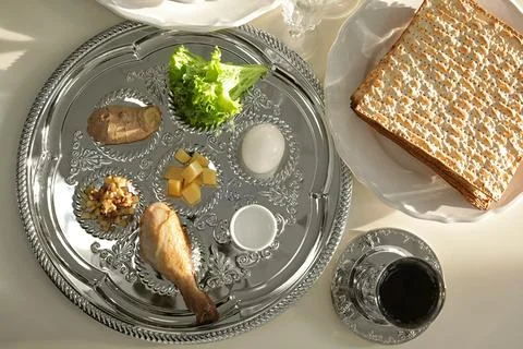 Table served for Passover (Pesach) Seder, top view Stock Photos