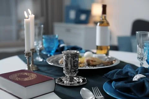 Table served for Passover (Pesach) Seder indoors Stock Photos