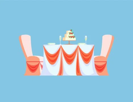 Table Served Plates, Glasses Wedding Cake Vector Stock Illustration