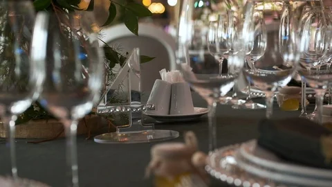 Table Served In The Restaurant. Preparing For Wedding In A Restaurant. Stock-Footage 109370148