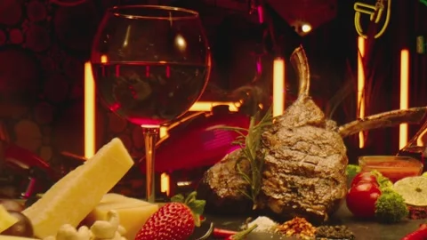 Table served with wine , steak , various types of cheese vegetables hot peppers Stock Footage 213579601