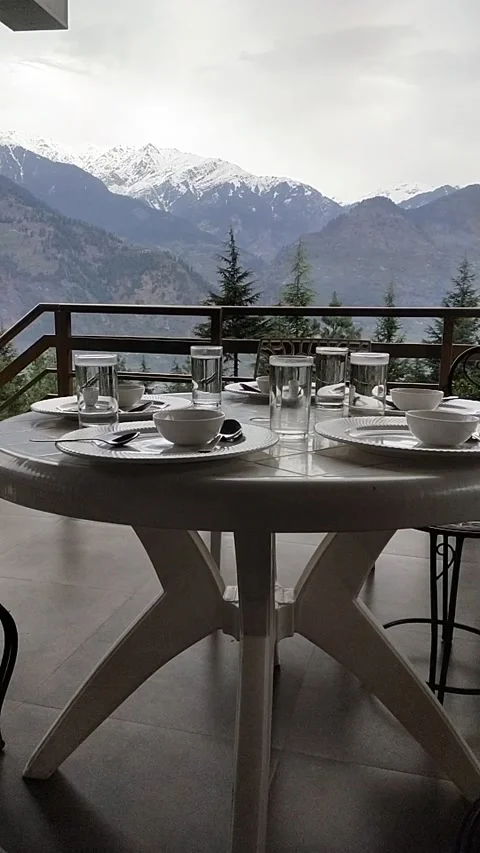 Table service for breakfast in mountain view gallery Stock Footage 238739703