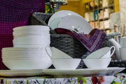 Table serving with decorative tableware Stock Photos