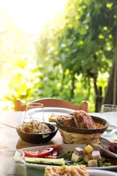 Table is set and waiting for dining in the countryside Stock Photos