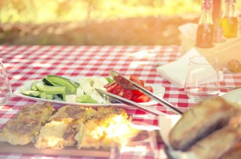Table is set and waiting for dining in the countryside Stock Photos