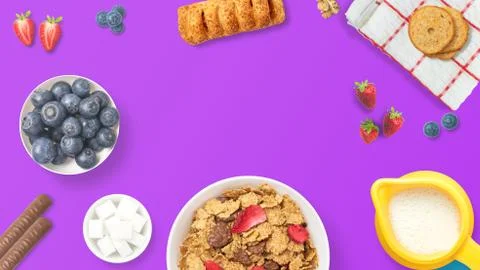 Table set of breakfast with copy space. Top view of a breakfast with fruits,  Stock Photos
