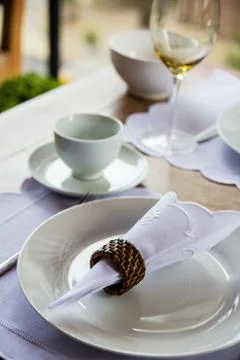 Table set up before breakfast Stock Photos