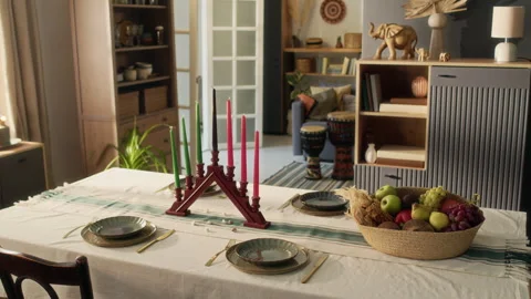 Table Set with Candleholder, Plates, Cutlery, Woven Fruit Basket in Home Setting Stock Footage 319889529