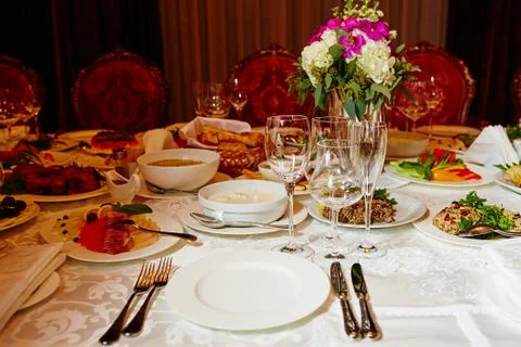 Table set for catered event dinner Fotos Stock