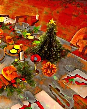 A Table Set For A Christmas Dinner Stock Illustration