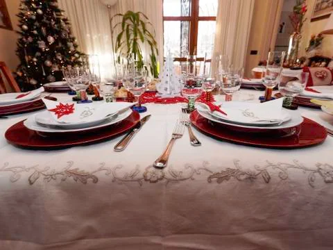 Table set for christmas dinner Stock Photos