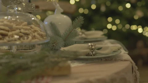 Table Set Up Decorated For Christmas Dinner Stock Footage