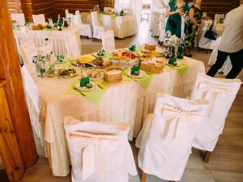 The table set with different dishes for the wedding. Stock Photos