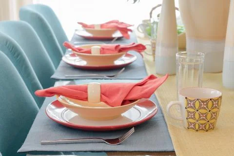 Table set on dining table Stock Photos