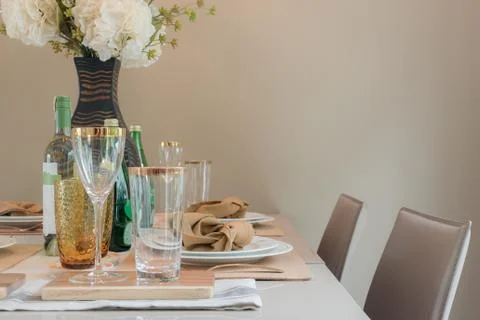 Table set on dining table Stock Photos