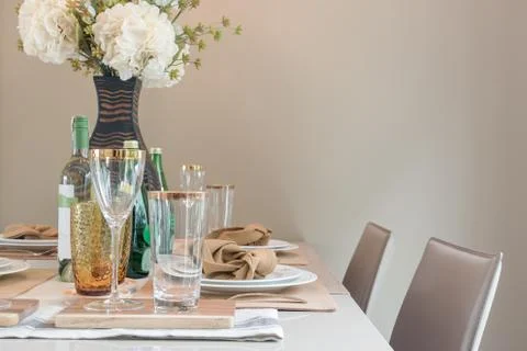 Table set on dining table Stock Photos