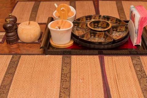 Table set for a dinner table with a blurred background. 스톡 사진