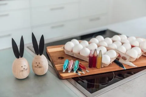 A table set for dyeing and decorating easter eggs Stock Photos