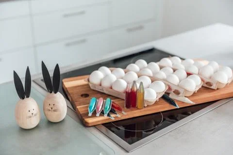 A table set for dyeing and decorating easter eggs Stock Photos