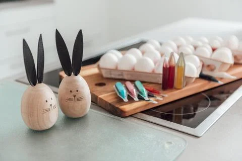 A table set for dyeing and decorating easter eggs Stock Photos