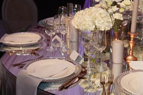 Table set for an event party or wedding reception Stock Photos