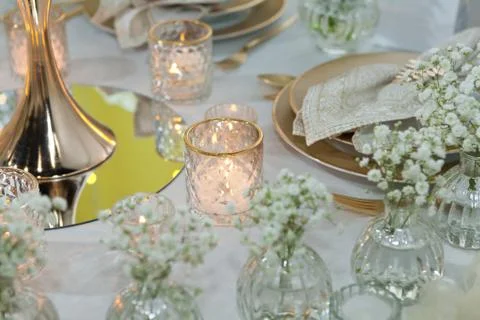 Table set for an event party or wedding reception Stock Photos