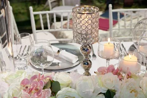 Table set for an event party or wedding reception Stock Photos
