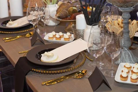 Table set for an event party or wedding reception Stock Photos