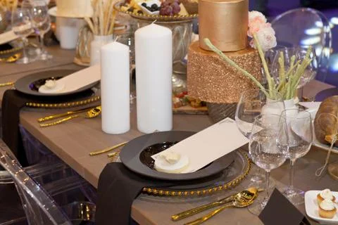 Table set for an event party or wedding reception Stock Photos