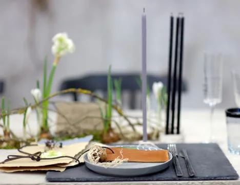 Table set for an event party or wedding reception in rustic or scandinavian s Foto stock